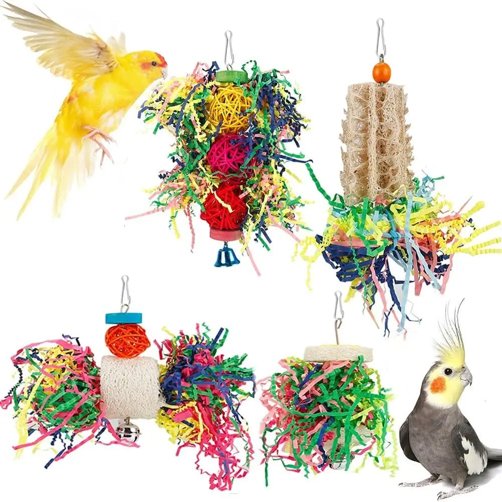 Bright Interactive Bird Foraging Shredder Toy - Hanging Rattan & Natural Loofah Chewing Accessory, Crinkly Paper, Easy Installation, Safe for Small-Medium Birds, Bright Colors Spark Interest, Encourages Shredding and Discovery
