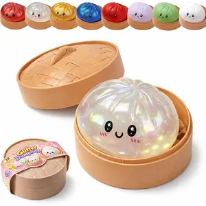 Dumpling Squishy, Squishy Dumpling Toy, Glitter Dumplings Squishiest Toy with Steamer Box, Stress & Anxiety Relief Toys for Kids & Adults Non-Edible (White)