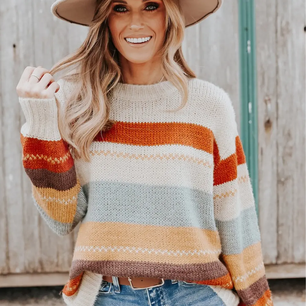 Crew Neck Drop-Shoulder Striped Sweater