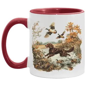 11oz Retro Boykin Spaniel Retrieving Mallard Ducks Printed Ceramic Accent Mug - 90s Vintage Cute Dog Breed Hunting Cup, Reusable Washable Drinkware for Gifting