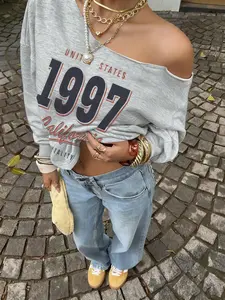 Women's Off-Shoulder Letter Print Sweatshirt, Womenswear, Soft & Loose Fit Casual Top, All Season Wear