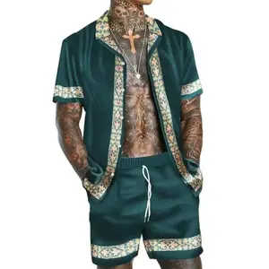 Burgundy Baroque Trim 2-Piece Mens Set: Short-Sleeve Shirt & Shorts for Streetwear & Vacations