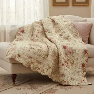 Global Trends Antique Rose Traditional Floral and Stripe 100% Cotton Throw Quilt, Reversible, 60" x 50"