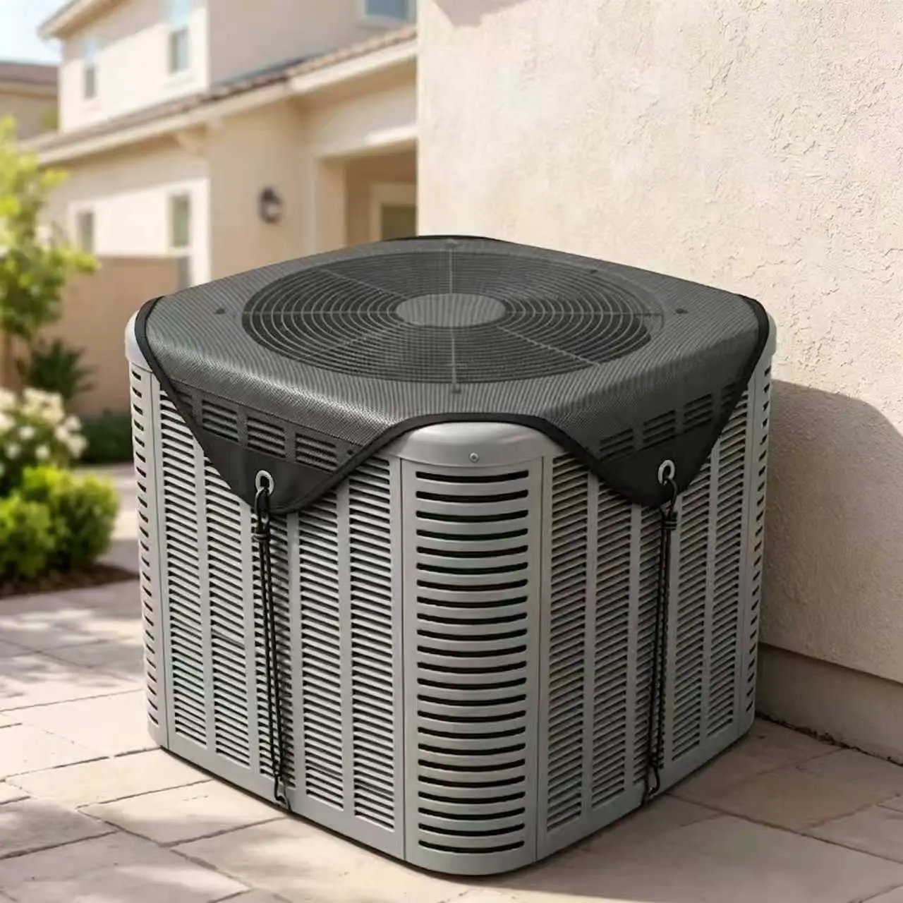 Outdoor dustproof cabinet cover with an adjustable, removable strap-fastened top cover, suitable for central air conditioning condensers, compressors, and outdoor units—durable, breathable household dust cover, unit cover for air conditioning units