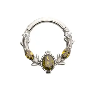 Olive Green CZ Crystal Vined Hinged Segment Clicker Ring - 316L Stainless Steel