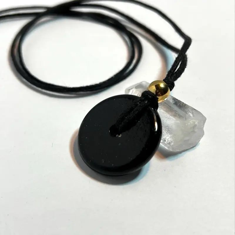 Shungite Quartz Orgone Pendant - Mini-Torus Design with Black Cord, Black Color, Gold Center, Includes Black Cord