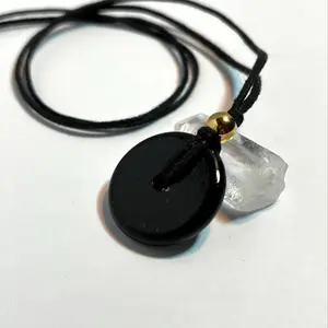 Shungite Quartz Orgone Pendant - Mini-Torus Design with Black Cord, Black Color, Gold Center, Includes Black Cord
