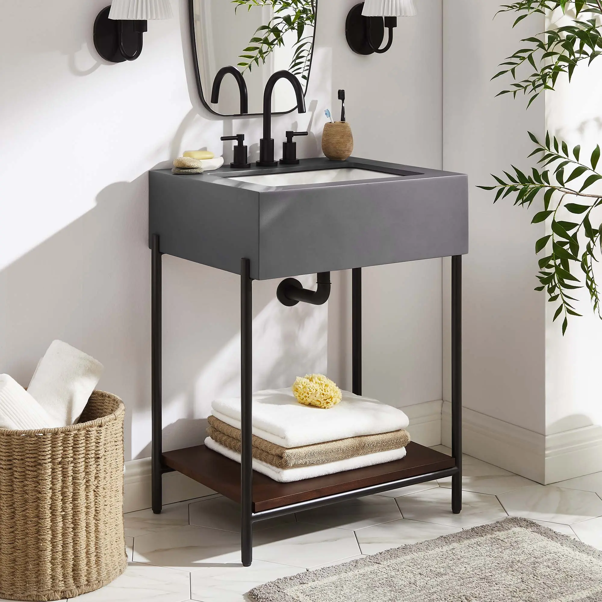 Etch 24-in Modern Style Bathroom Vanity with Sink, Concrete Construction, Acacia Wood Accents for Home Improvement Bathroom Fixture Sets (Black, White), Elegance