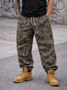Men’s Baggy Camo Pants – Vintage Woodland Streetwear Loose Fit Drawstring Cargo Trousers