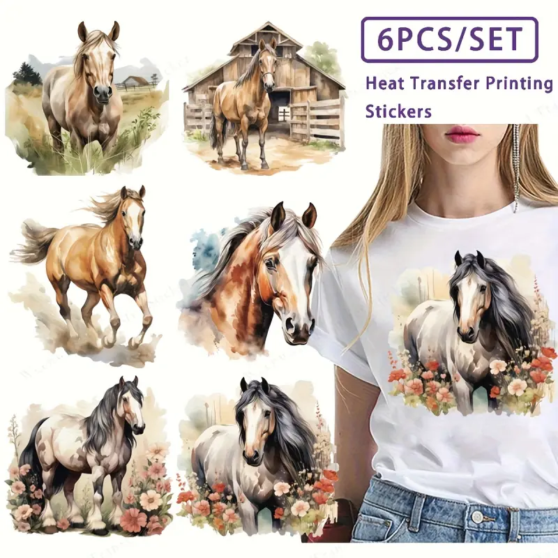 6Pcs 3D Horse Vinyl Heat Transfer Stickers Colorful DIY Decorations Washable T Shirt Bag Hat Craft Fabric Decal Realistic Animal Art with Fine Details for Kids Adults DIY Craft Decor