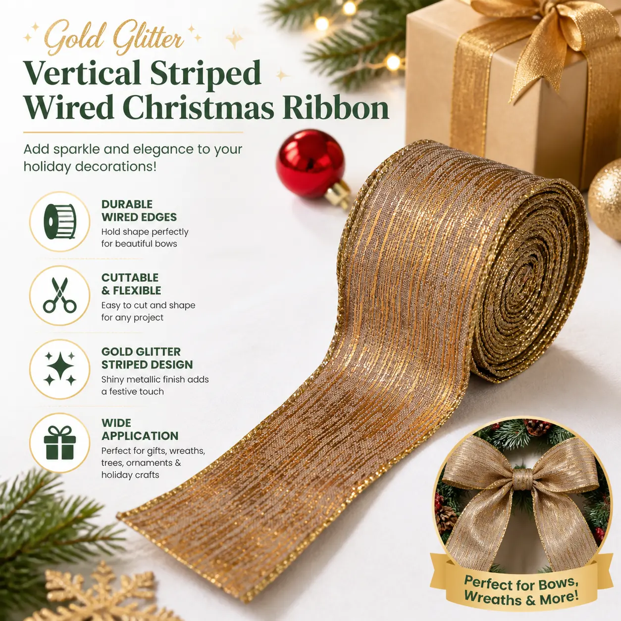 Gold Glitter Vertical Striped Wired Christmas Ribbon, Cuttable Metallic Fabric Ribbon For Gift Wrapping, Diy Bow Making, Xmas Wreath, Tree Ornaments & Holiday Craft Decor