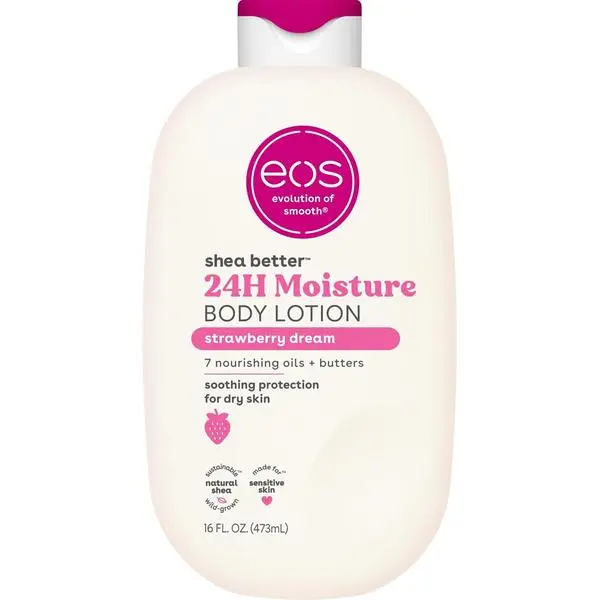 eos Shea Better Body Lotion Strawberry Dream, 24-Hour Moisture Skin Care, Lightweight & Non-Greasy, Natural Shea, Vegan, Strawberry Body Lotion, 16 fl oz