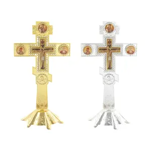 Eastern Orthodox Standing Cross Design Gold Silver Plated Metal Crucifix with Iconography Detailing and Rhinestone Accents Detachable Base Gift Boxed Traditional Religious Decor for Home Prayer Corner Church Altar