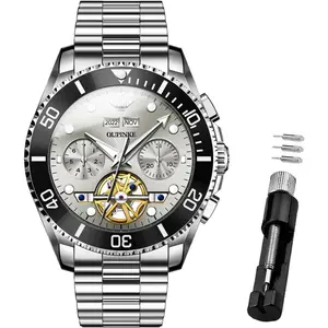 OUPINKE Mens Automatic Watch Skeleton Mechanical Self Winding Luxury Chronograph Calendar Luminous Watch for Men 50M Waterproof Sapphire Crystal