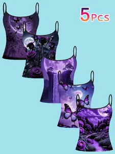 Dreamy Moonlight Print Strapless Top, Rose Butterfly Waterfall Landscape Slim Fit Crop Top, Summer Casual Sleeveless T-Shirt
