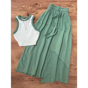 Color Block Two-Piece Skirt Set — sleeveless crew-neck tank top paired with a drawstring-waist A-line skirt; women’s clothing, casual basic minimalist set, white/green