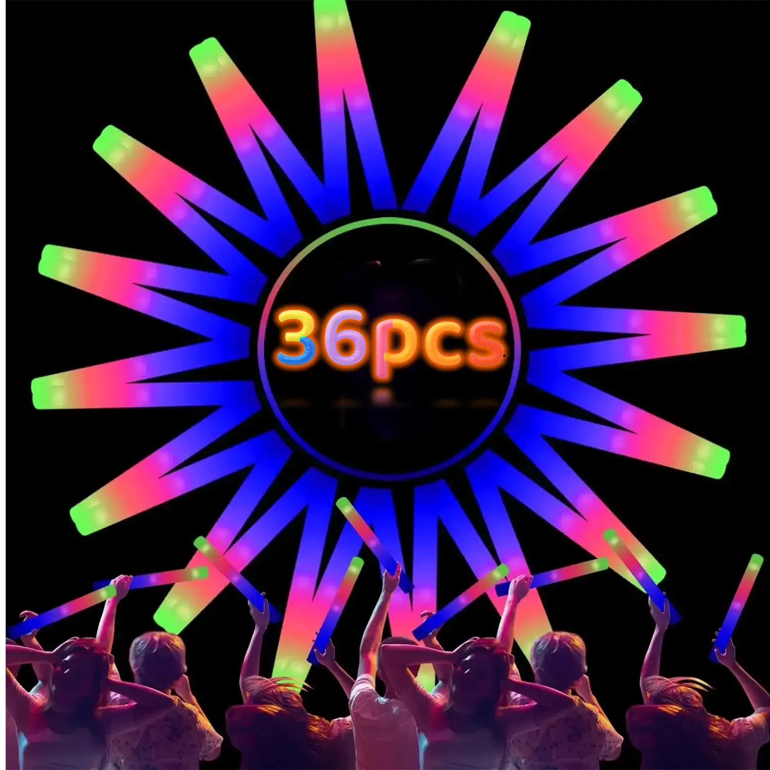 MICRENCY 36-Piece Light-Up LED Foam Glow Sticks Bulk Pack - LED Lights Glow in the Dark Party Favors, Happy Birthday Decor & Gifts for Kids, Bonfire & Watch Party Goodie Bag Fillers
