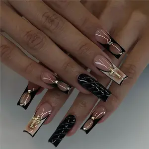 24 Pcs 3D French Square Nails, Cross Design with Gold Beads, Glossy Reusable False Nails, Gothic Style, Party & Daily Wear