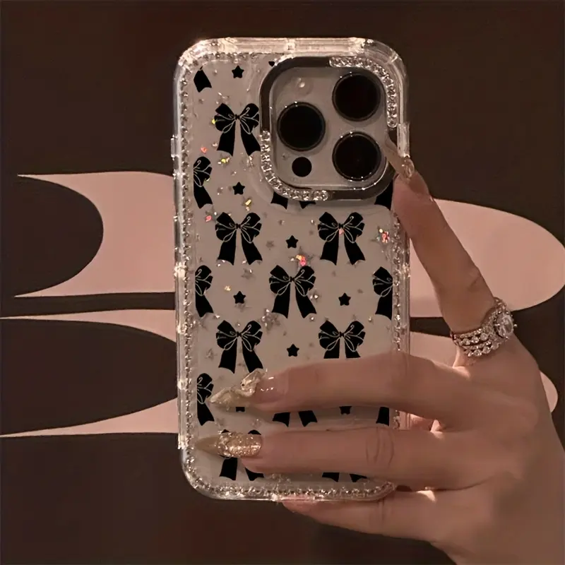 Luxurious Black Bowknot Rhinestone Smartphone Case with Transparent Starry Border, Drop Protection, Compatible with Phone 11,12,13,14 Plus,15,16,17 Pro Max,17 Air - Cellphone Handheld Devices Accessories, Christmas Gift Option