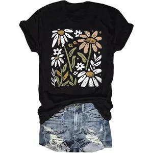 Vintage Floral T Shirt Women Boho Flowers Graphic Tees Shirts Cute Wildflowers Shirt Summer Casual Short Sleeve Tops (L, Black) At  Women’S Clothing Store