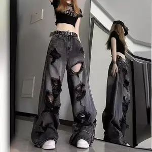 Distinctive Sough Ripped Distressed Wide Leg Casual Loose All-match Straight Jeans Womenswear Bottom baggy jeans Pants Trouser