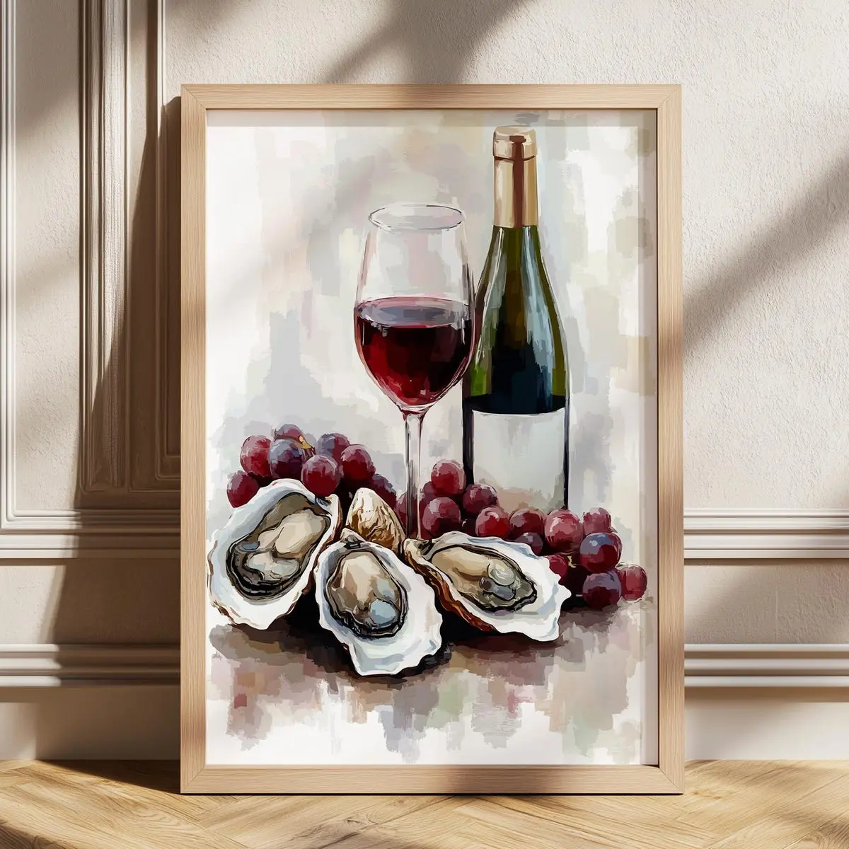 Oyster and Wine Art Print – Retro Coastal Kitchen Decor, Blue Striped Beach House Wall Art, Fisherman Aesthetic Oyster Painting, Unframe