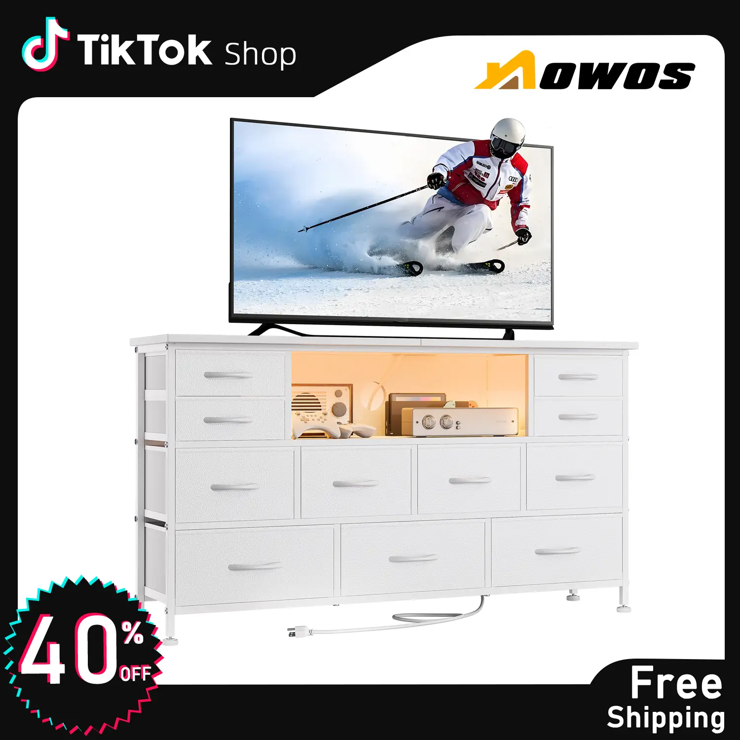 【FallDealsForYou】AOWOS 11 Drawer Dresser, Dressers for Living Room TV Stand with Power Outlets LED Lights, TV Stand Dresser, Fabric Drawer, Chest of D