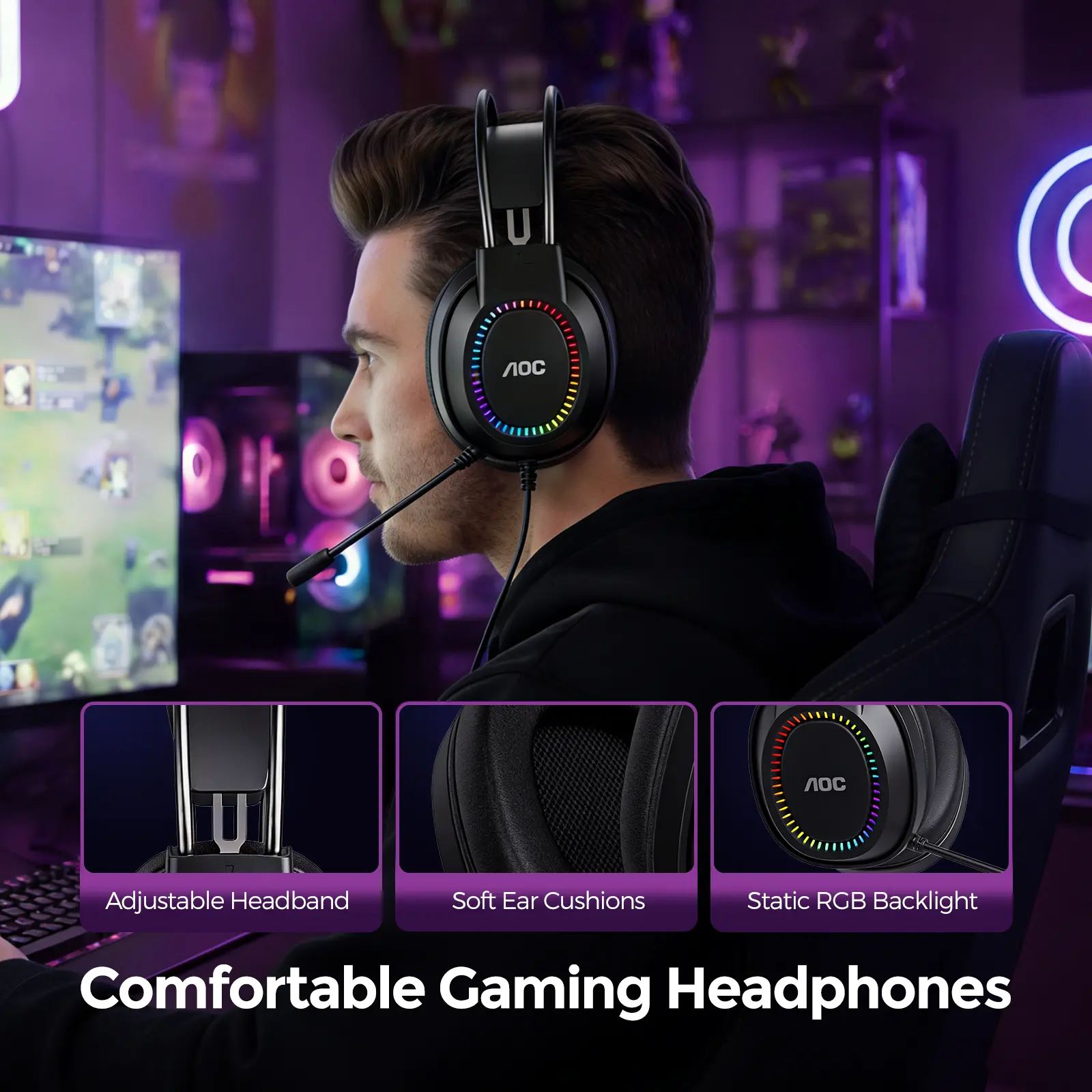AOC ACG2500 Wired Gaming Headset with Mic-Professional E-Sports Style, USB 2.0 Port, Static RGB Backlight, 50mm Driver, Omnidirectional Mic, 2m Cable, Compatible with PC/Laptop/PS4/PS5, Ideal for Gamers, Office Work, Online Study and Music Listening