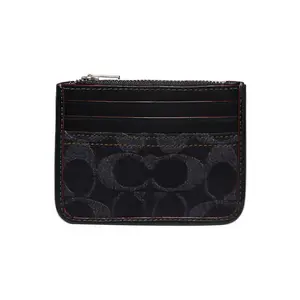COACH Card Case 11 Classic Monogram Zip Closure Denim and Calfskin Cardholder for Women in Black