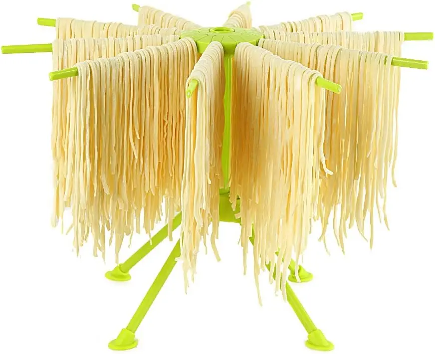 Collapsible Pasta Drying Rack, Plastic Foldable Homemade Fresh Spaghetti Stand Dryer Noodle Hanger for Kitchen with 10 Arms, , Easy Storage, Quickly Set Up (Green)