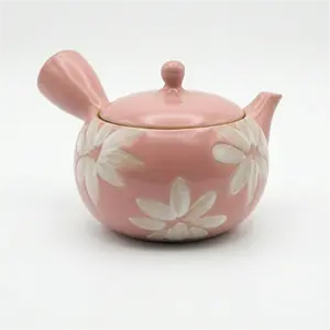 Handmade Pink Kyusu with White Flowers Design: Ceramic Pink Tea Teaware (480 ml / 16 fl oz) Tokaname Teapot