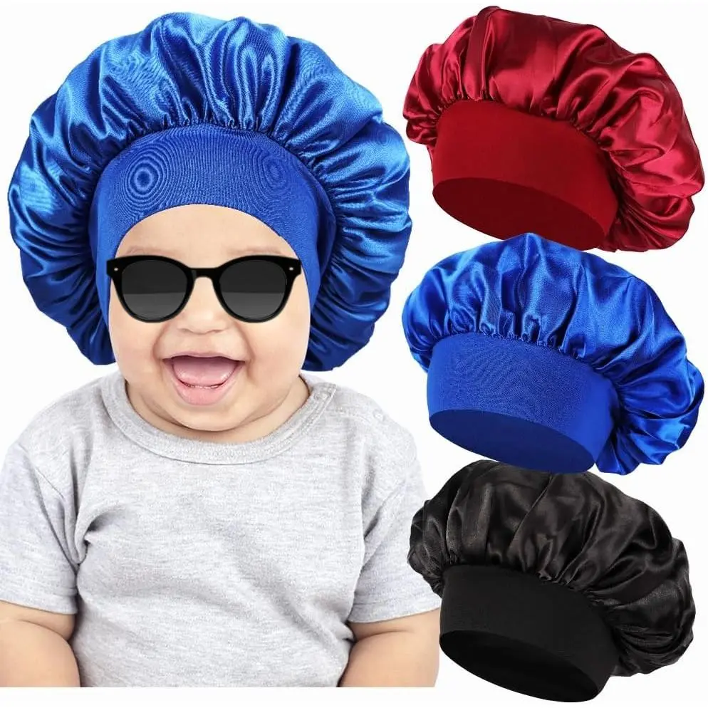 Baby Bonnets for Girls & Boys, 3-Pack Solid Color Satin Sleep Caps with Wide Band for Haircare, Frizz Protection & Detangling, Daily