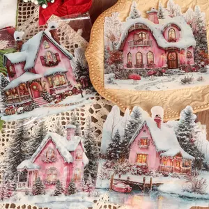 JAIIMAN 12sheets PET Watercolor Pink Christmas Cottage Large Size Self-adhesive Decorative Sticker, DIY Transparent Decals for DIY Christmas Landscape Creation, Scrapbooking Supplies, Holiday Decorations