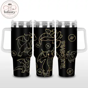 Dragonite 40oz Tumbler With Handle, Black Gold Anime Dragon Stainless Steel Insulated Travel Cup, Cute Monster Cartoon Leakproof Mug Gift For Fans