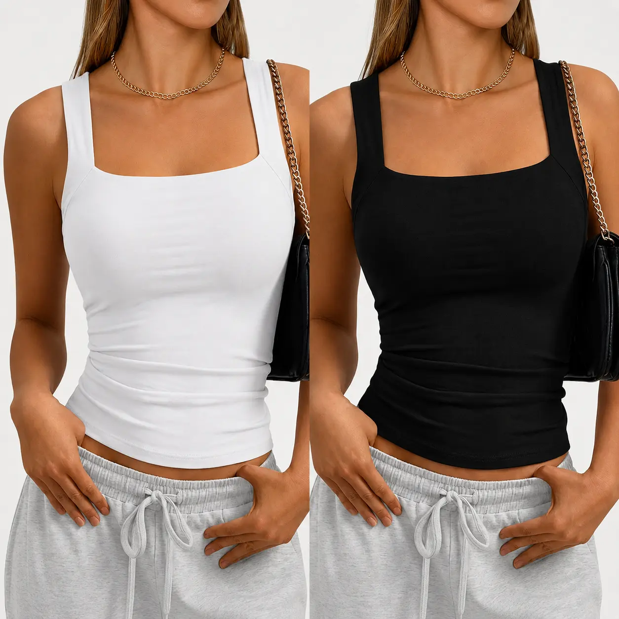 Women's Square Snatched Neck Tank Top Double Layer Fitted Stretch Sleeveless Top,women tank top,stretch tank top，Snatched Waist，Double-Lined