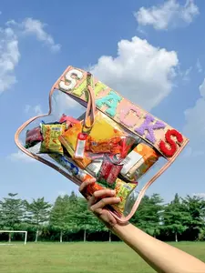 Letter Patched PVC Snack Storage Bag, Snack Bags, Multifunctional Storage Bag, Portable Cosmetic Bag for Women & Girls, Casual Trendy Daily Bag, Shopping Bag, Zipper Pouches, Durable Lightweight Organizer
