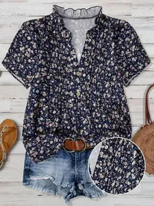 Women's Floral Short Sleeve Shirt, Casual Vacation Top, Front Panel Design, Comfortable and Stylish, Perfect for Relaxing Days