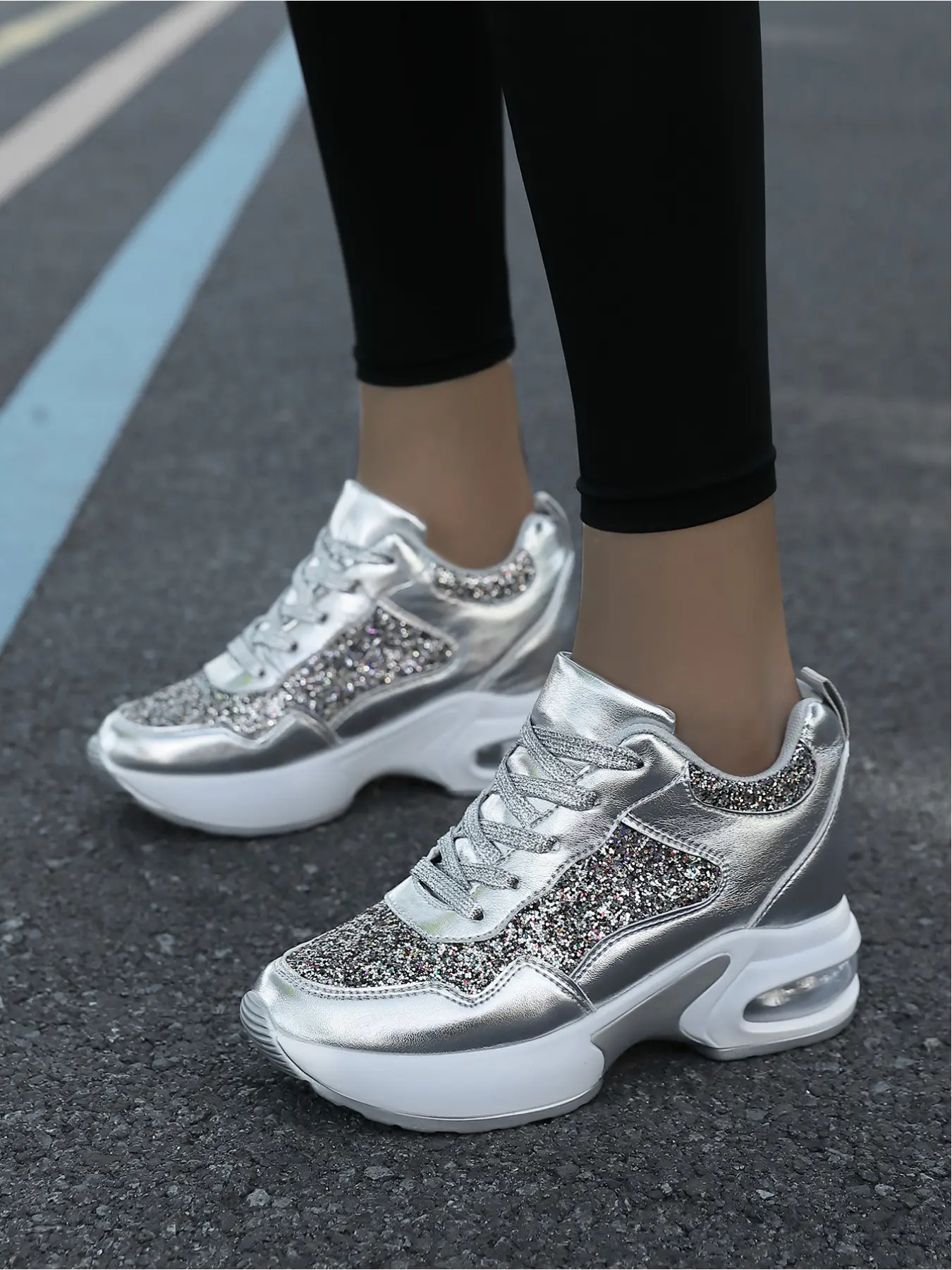Women's Shiny Casual Wedge Sneakers | Glitter Design, Air Cushion Sole for Daily Wear