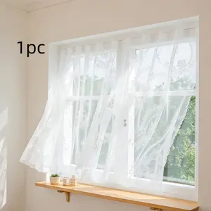 1pc Easy Hang Sheer Curtain with Hookless Velcro, Vintage Floral Lace Trim, Breathable & Easy Clean Fabric, Multiple Sizes Available