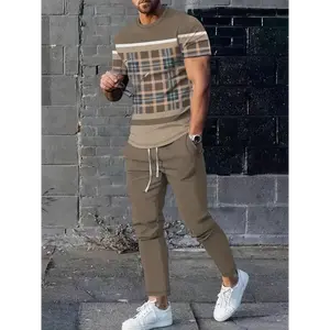 Men’s 2-Piece Plaid Casual Outfit Set, Men’s Short-Sleeve Crew-Neck T-Shirt & Waist Drawstring Jogging Pants for Casual Daily Wear, Spring and Summer