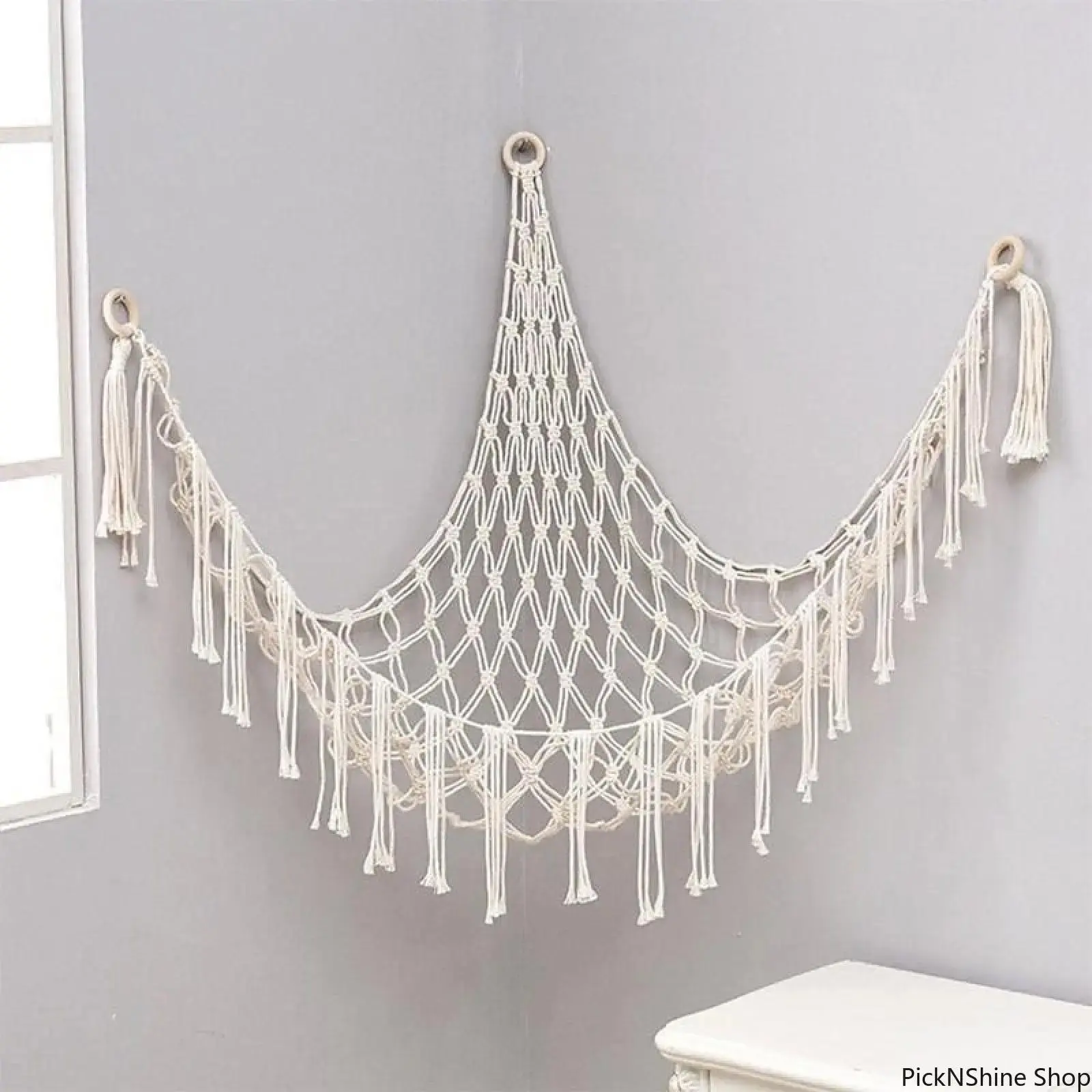 60In Hand-Woven Cotton Rope Plush Toy Storage Net, Hangable Triangle Wall-Mounted Corner Basket Organizer, Boho Room Decor Accessory for Bedroom Dorm, Chill Room Accessories
