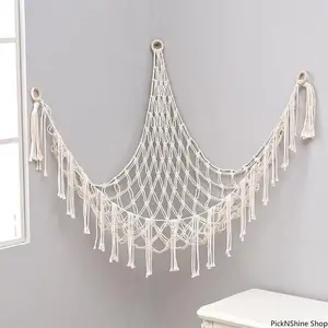 60In Plush Toy Storage Net Hand Woven Rope Wall Mounted Triangle Hanging Basket Corner Organizer For Bedroom Dorm Room Cotton Boho Storage Decor Accessory