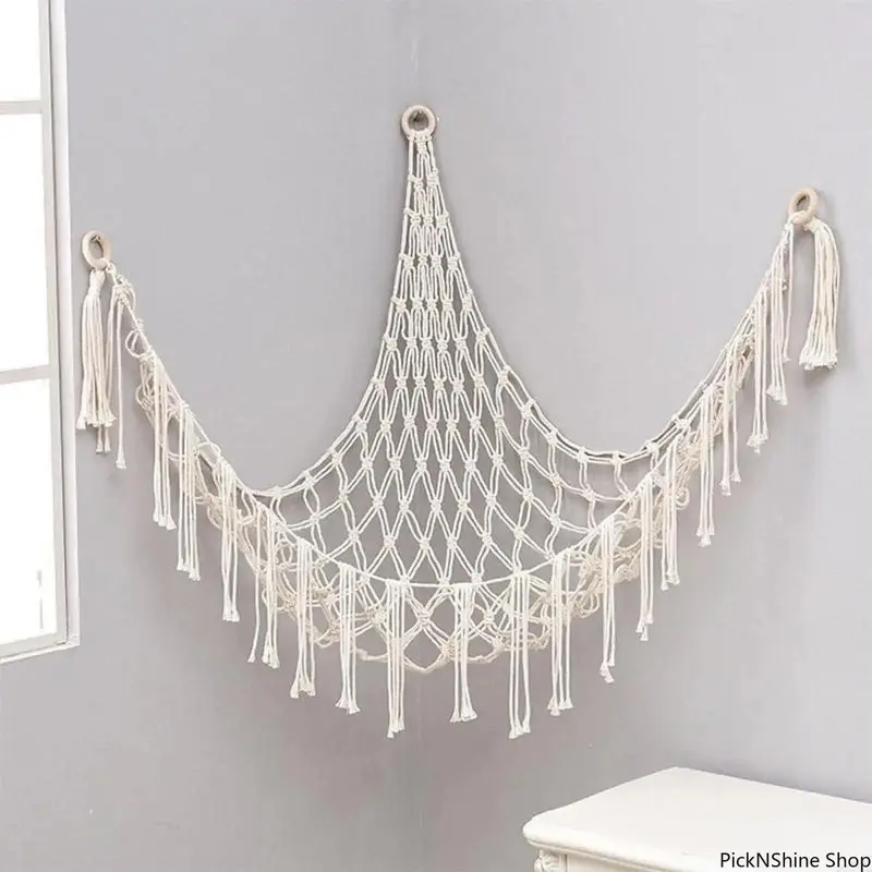 Classic Bohemian Hand-Woven Cotton Rope Hanging Wall Basket - 60in Corner Room Storage, Recyclable Nylon Bohemian Style, Decorative Nursery Holder, Aesthetic Apartment Accessory