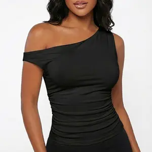 ASYMMETRICAL OFF SHOULDER RUCHED CROP TOP