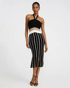 Express Striped Halter Fringe Sheath Midi Dress