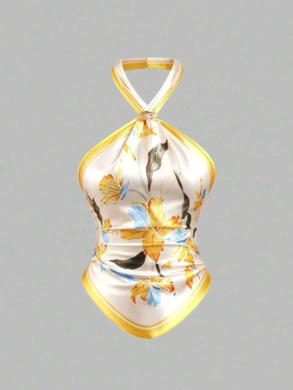 Women's Satin Printed Camisole, Spaghetti Strap Asymmetrical Hem Backless Tie-Up Vintage Top