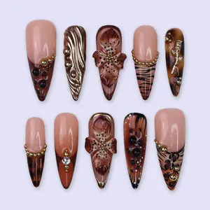 Aura Nails | Autumn Press On Nails with 3D Floral & Animal Print | Fake Nails in Long Almond | Handmade Nail Art for Fall Looks, Parties Or Gifts