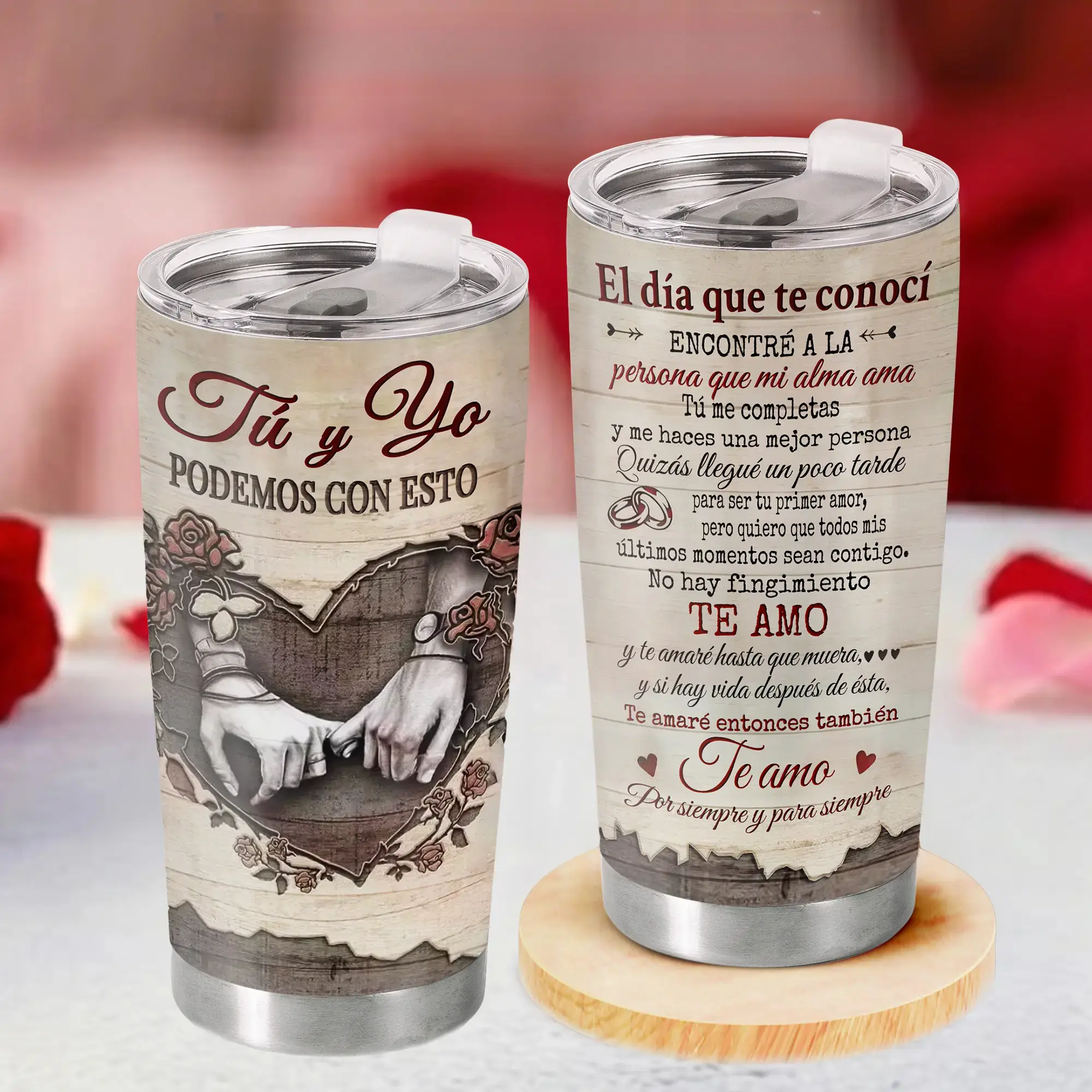 Romantic Tú & Yo Couple Travel Tumbler, 20oz Vacuum Insulated Stainless Steel Mug, Elegant Anniversary Gift for Him Her Husband Wife, Lovely Keepsake Drinkware for Lovers Special Occasions