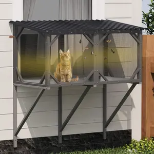 43.3" Cat Window Box - All-Weather Outdoor Catio Enclosure with Bug-Proof Net, Window Perch for Large Indoor Cats (Sunbathing, Napping)