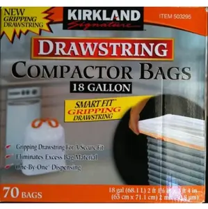 Kirkland Signature Compactor Bags, 18 Gallon, Smart Fit Gripping Drawstring, White, 1 Pack (70 Count)